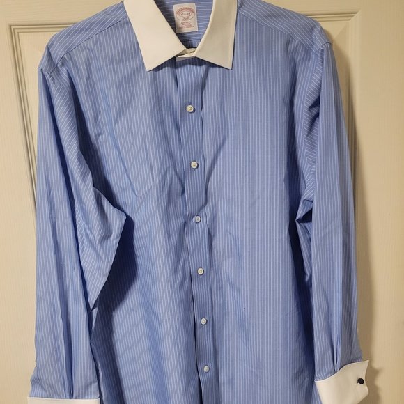 Brooks Brothers Dress Shirt With Cuff Links Sky Blue White Pin Stripes Sz 33 - Picture 1 of 4
